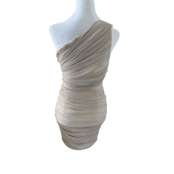 NWT Mestiza One Shoulder Mini Dress Metallic Iridescent Draped Ruched Champagne - Picture 2 of 12